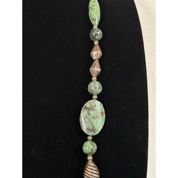 Handmade Green Turquoise and Silver 30in Beaded Necklace, Optionally Adjustable - Picture 3 of 7